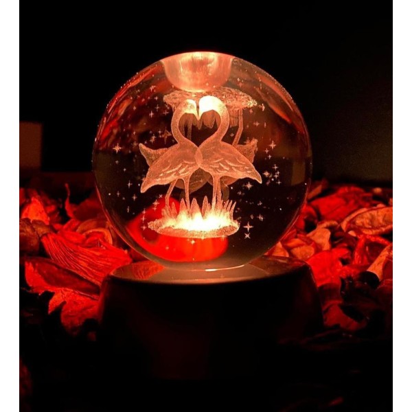 Çift Şeklinde Flamingo Renk Değiştiren Işıklı Cam Küre 8Cm