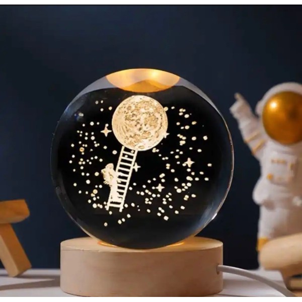 Merdivenle Dünyaya Tırmanan Astronot Renk Değiştiren Işıklı Cam Küre 6Cm
