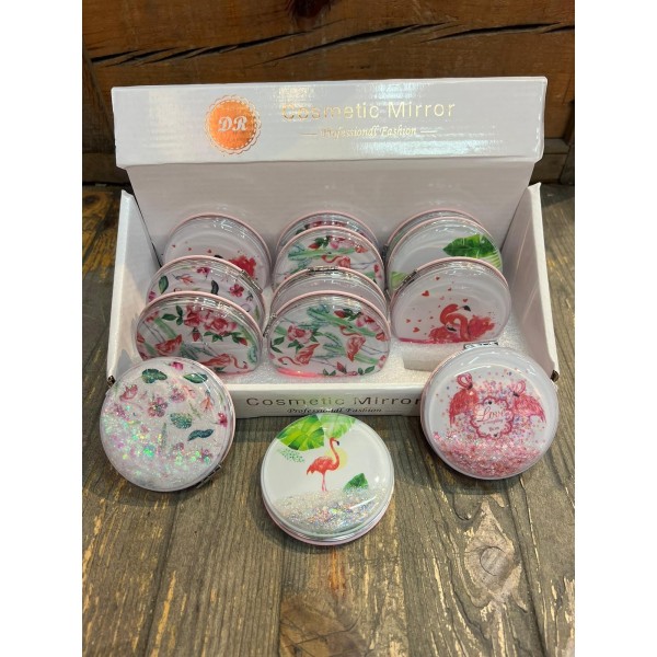 Yuvarlak Sulu Flamingo Desenli Cep Aynası 12 Adet