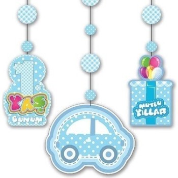 1 Yaş Temalı Asmalı İp Süs Mavi Renk 3 Lü Set 12X45 Cm