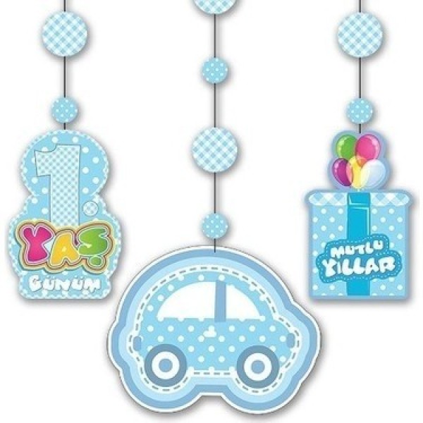 1 Yaş Temalı Asmalı İp Süs Mavi Renk 3 Lü Set 12X45 Cm