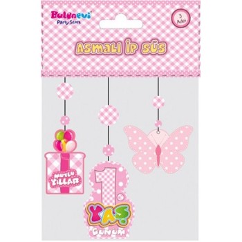 1 Yaş Temalı Asmalı İp Süs Pembe Renk 3 Lü Set 12X45 Cm