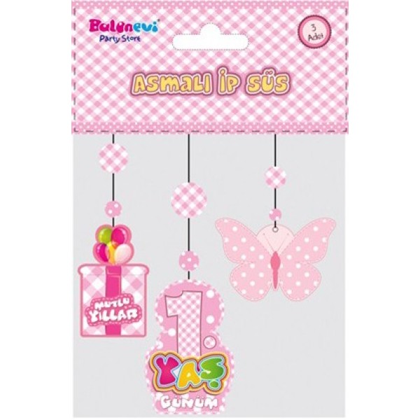 1 Yaş Temalı Asmalı İp Süs Pembe Renk 3 Lü Set 12X45 Cm