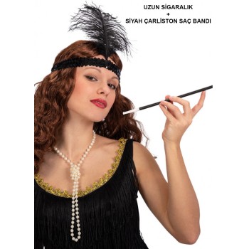1920'Ler Gatsby Aksesuar Seti - Siyah Charleston Saç Bandı & ..