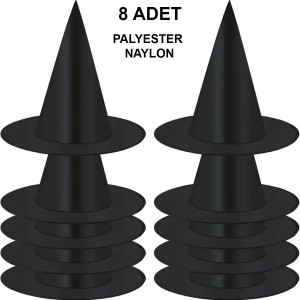 8 Adet Siyah Cadı Şapkası - Yetişkin & Çocuk Kostüm Aksesuarı