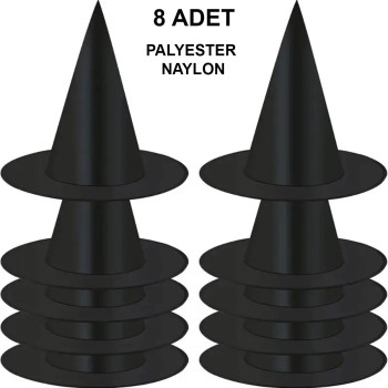 8 Adet Siyah Cadı Şapkası - Yetişkin & Çocuk Kostüm Aksesuarı