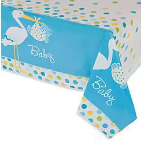 Baby Shower Masa Örtüsü Baby Boy Stork Leylekli Mavi Masa Örtüsü 137X274 Cm