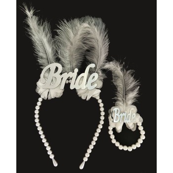 Beyaz İncili Gerçek Otriş Tüylü Pleksili Bride Yazılı Gelin Tacı ..