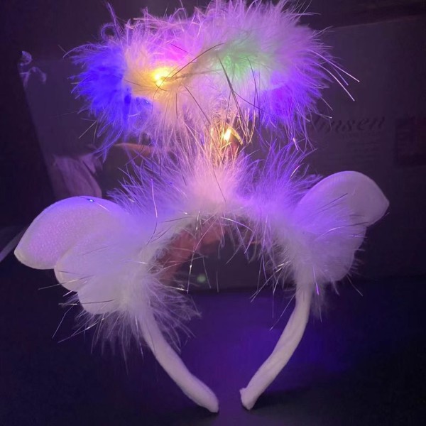 Beyaz Kanatlı Beyaz Tüylü Led Işıklı 3 Fonksiyonlu Melek Hare Taç 20X25 Cm