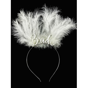 Beyaz Tüylü İthal Gümüş Renk Bride Gelin Tacı 25X20 Cm
