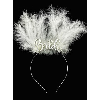 Beyaz Tüylü İthal Gümüş Renk Bride Gelin Tacı 25X20 Cm