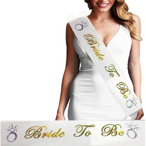 Bride To Be Saten Kuşak Beyaz Üzeri Hologramlı Metalize Altın Yaz..