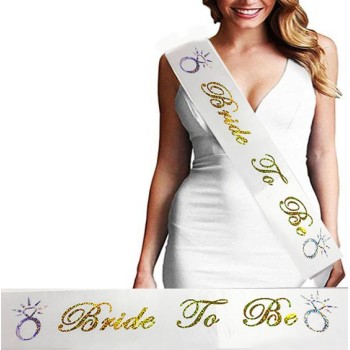 Bride To Be Saten Kuşak Beyaz Üzeri Hologramlı Metalize Altın Yaz..
