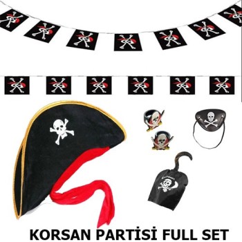 Çocuk Korsan Şapkası + Kancası + Göz Bandı + 2 Adet Yüzük + Afiş ..