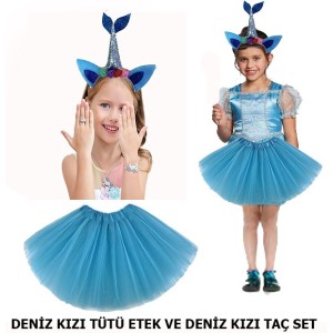 Deniz Kızı Mavi Tütü Etek Ve Mavi Kuyruklu Deniz Kızı Taç Seti
