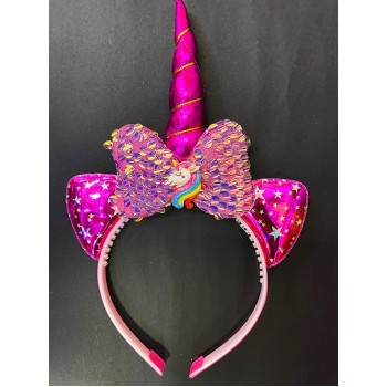 Fuşya Boynuzlu At Figürlü Çocuk Pullu Unicorn Tacı 17X27 Cm