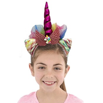 Fuşya Boynuzlu Tüllü Kanatlı Unicorn Tacı 17X27 Cm