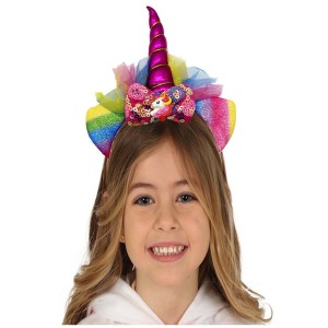 Fuşya Renk Boynuzlu Payetli Fiyonklu Unicorn Tacı 17X27 Cm