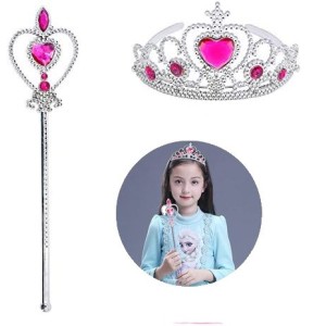 Fuşya Renk Kalpli Elsa Prenses Tacı Ve Prenses Asası Çocuk Boy