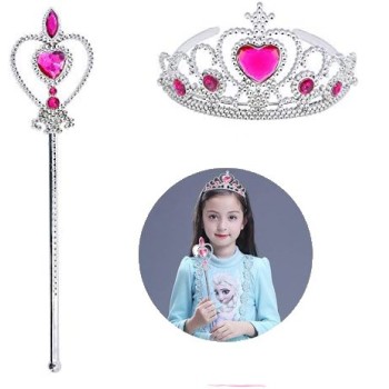 Fuşya Renk Kalpli Elsa Prenses Tacı Ve Prenses Asası Çocuk Boy