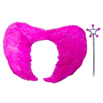 Gerçek Tüylü Katlanabilir Çocuk Pembe Melek Kanadı Ve Asa Seti 40..