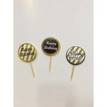 Gümüş Siyah Happy Birthday Parti Kürdan Süsü 20 Adet