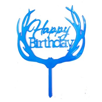 Happy Birthday Yazılı Pasta Süslemesi Kek Çubuğu Mavi Renk 13 Cm
