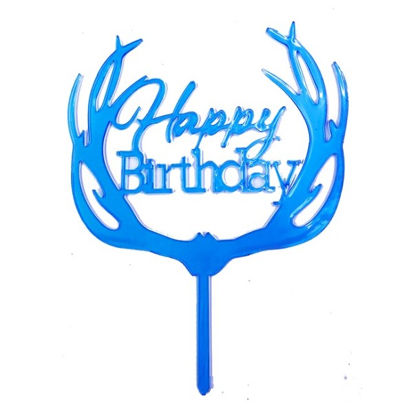 Happy Birthday Yazılı Pasta Süslemesi Kek Çubuğu Mavi Renk 13 Cm