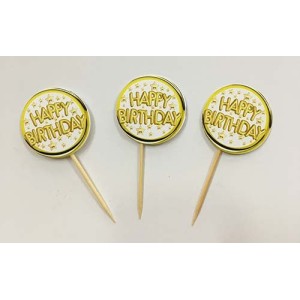 Happy Birthday Yazılı Sarı Renk Parti Kürdan Süsü 20 Adet