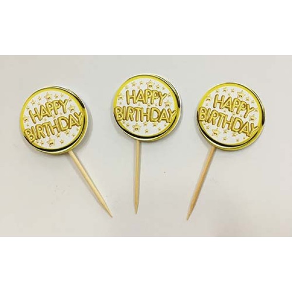 Happy Birthday Yazılı Sarı Renk Parti Kürdan Süsü 20 Adet