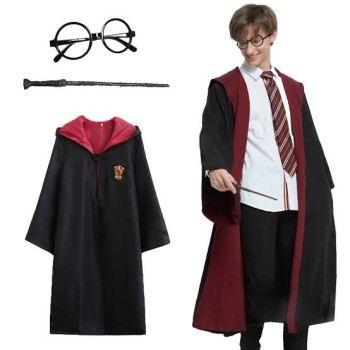 Harry Potter Gryffindor Kapişonlu Çocuk Kostüm + Asa + Gözlük 3 P..
