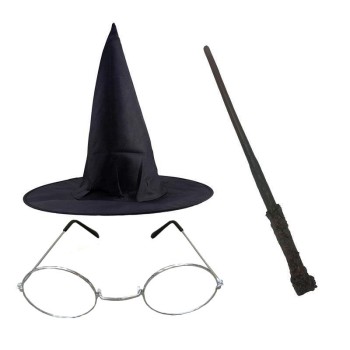 Harry Potter Gryffindor Şapka + Asa + Gözlük Kostüm Seti