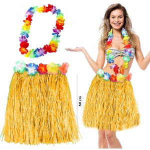 Hawaii Luau Aloha Sarı Püsküllü 50 Cm Etek Ve Hawaii Kolye Seti
