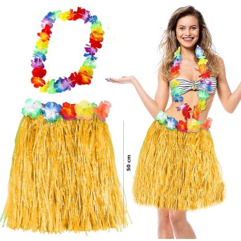 Hawaii Luau Aloha Sarı Püsküllü 50 Cm Etek Ve Hawaii Kolye Seti