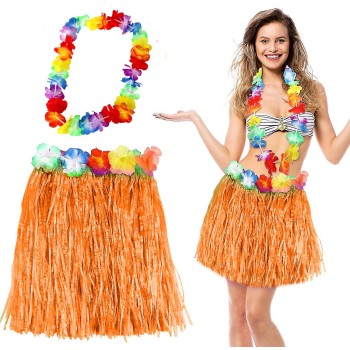 Hawaii Luau Aloha Turuncu Püsküllü 40 Cm Etek Ve Hawaii Kolye Set..