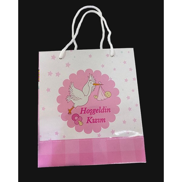 Hoşgeldin Kızım Yazılı Leylek Temalı Hediye Karton Çantası 14X17 Cm
