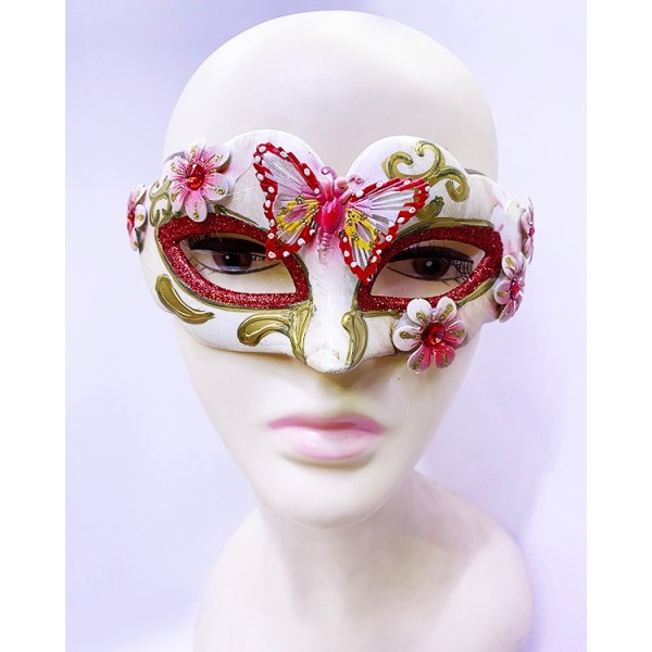Kelebek İşlemeli Masquerade Venedik Maskesi Kırmızı Renk 7X16 Cm