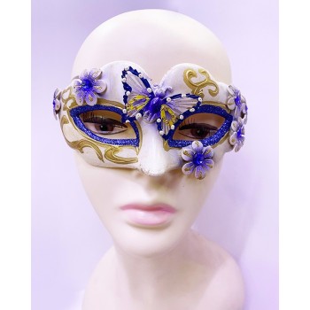 Kelebek İşlemeli Masquerade Venedik Maskesi Mavi Renk 7X16 Cm
