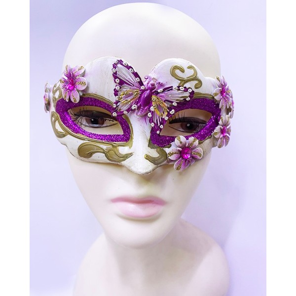 Kelebek İşlemeli Masquerade Venedik Maskesi Mor Renk 7X16 Cm