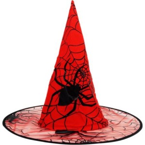 Kırmızı Renk Örümcek Desen Temalı Halloween Cadı Şapkası Büyücü Ş..