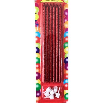 Kırmızı Simli Pasta Mumu 6 Adet 16 Cm