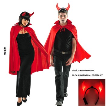 Kırmızı Yakalı Yetişkin Çocuk Uyumlu 90 Cm Halloween Pelerin Ve I..