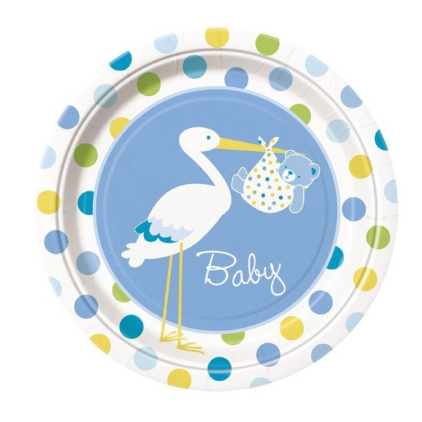 Leylek Temalı Mavi Renk Erkek Baby Boy Stork Baby Shower Parti Tabağı 8 Adet