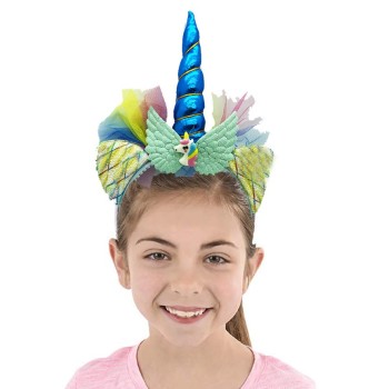 Mavi Boynuzlu Tüllü Kanatlı Unicorn Tacı 17X27 Cm