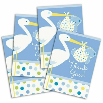 Mavi Renk Baby Stork Baby Shower Teşekkür Zarfı Ve Not Seti 8 Ade..