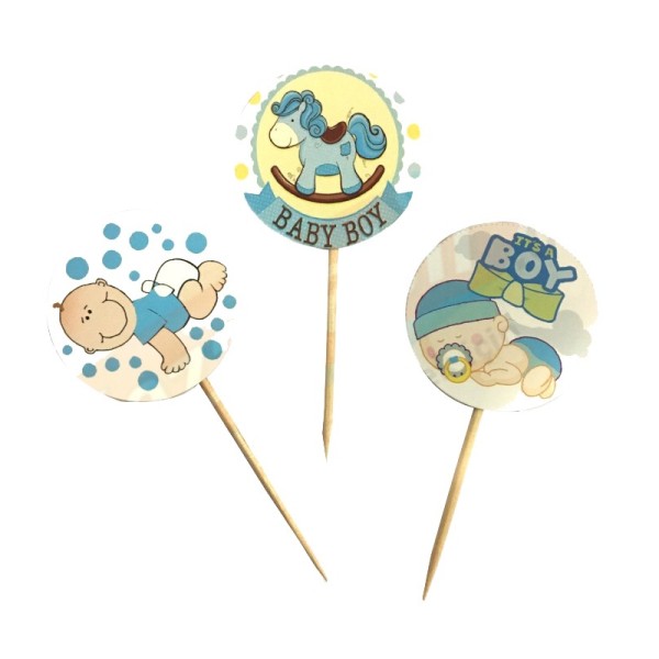 Mavi Renk Bebek Figürlü At Temalı Baby Shower Parti Kürdan Süsü 20 Adet