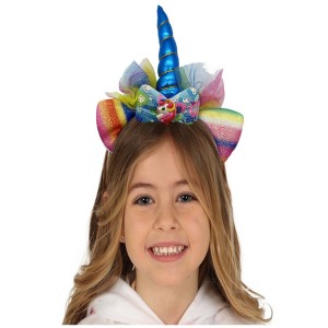Mavi Renk Boynuzlu Payetli Fiyonklu Unicorn Tacı 17X27 Cm