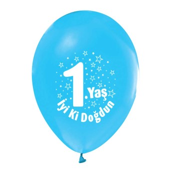 Mavi Renk Üzeri Beyaz Baskılı 1 Yaş İyiki Doğdun Balon 100 Adet