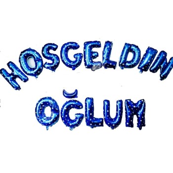 Mavi Renk Üzeri Beyaz Yıldızlı Hoşgeldin Oğlum Folyo Balon 35 Cm