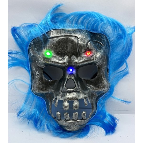 Mavi Saçlı Led Işıklı Kuru Kafa İskelet Korku Maskesi 22X25 Cm